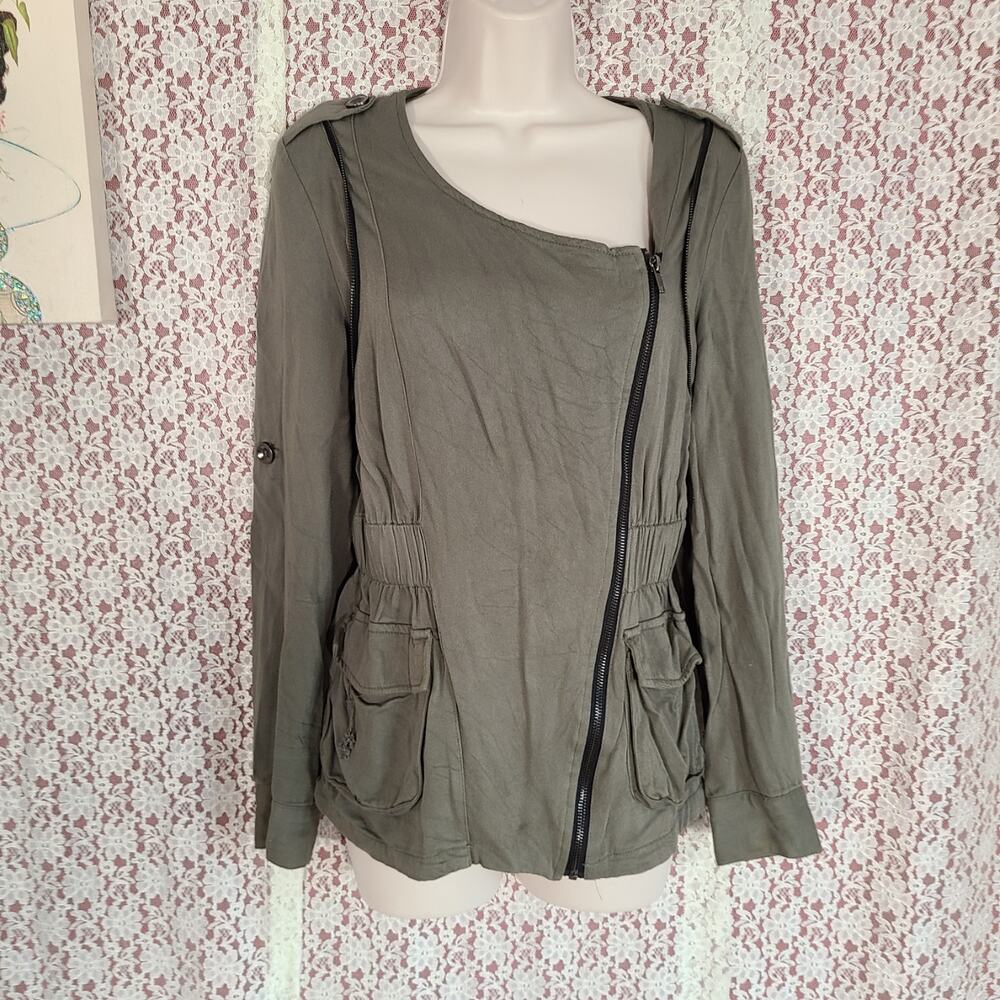 Harper olive green asymmetrical military style jacket with pockets size small